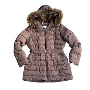 Winter Coat - Calvin Klein - hooded & belted - removable faux fur hood - large